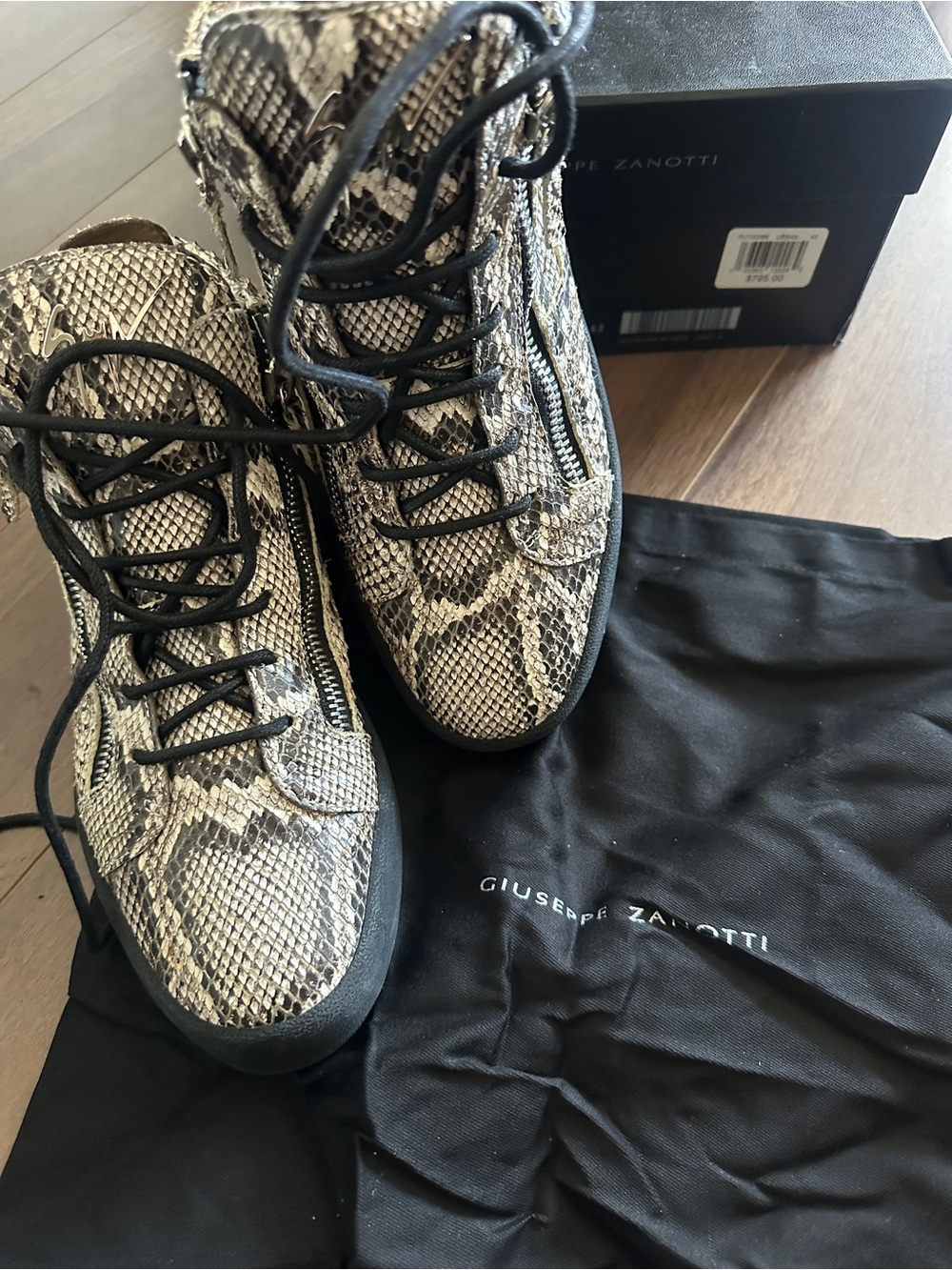 Giuseppe Zanotti Men’s Snake-Print High-Top Sneakers in Black & Cream